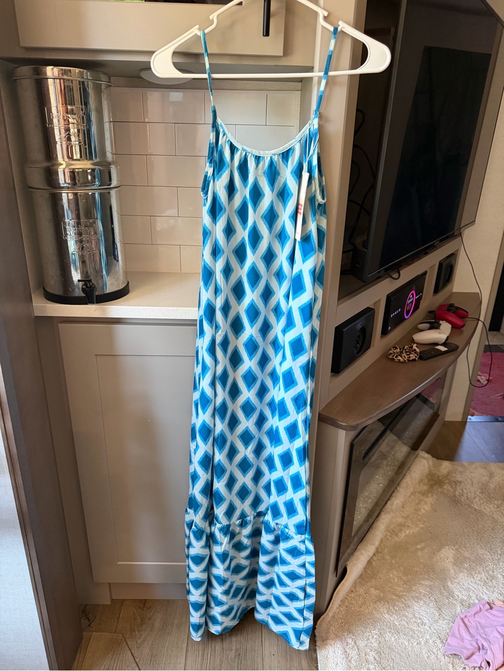 Blue Geometric Print Maxi Dress with Spaghetti Straps